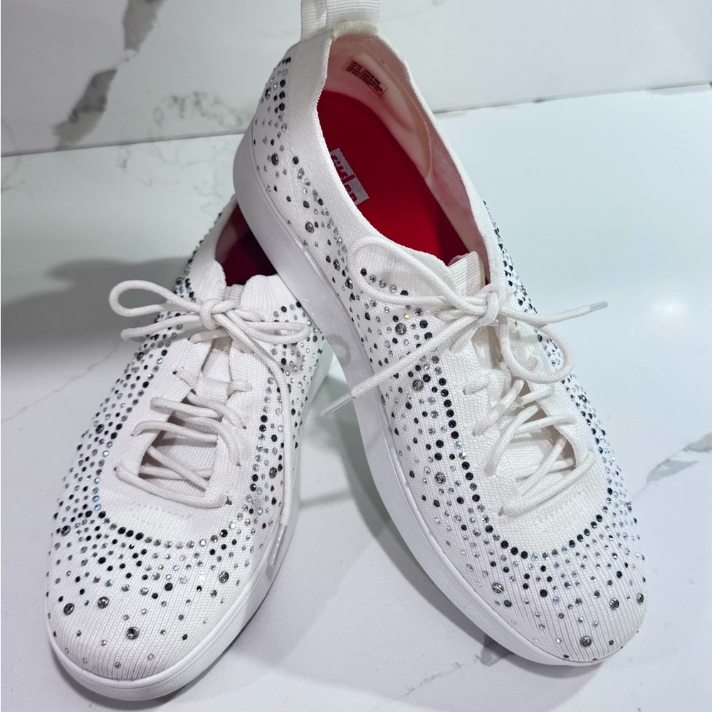 Fitflop Women's White Studded Sneakers / Rally Rhinestone Knit Trainer Sneaker